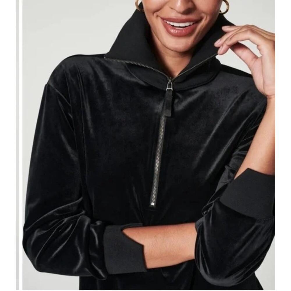SPANX Black Velour Half-Zip Velvet Sweatshirt